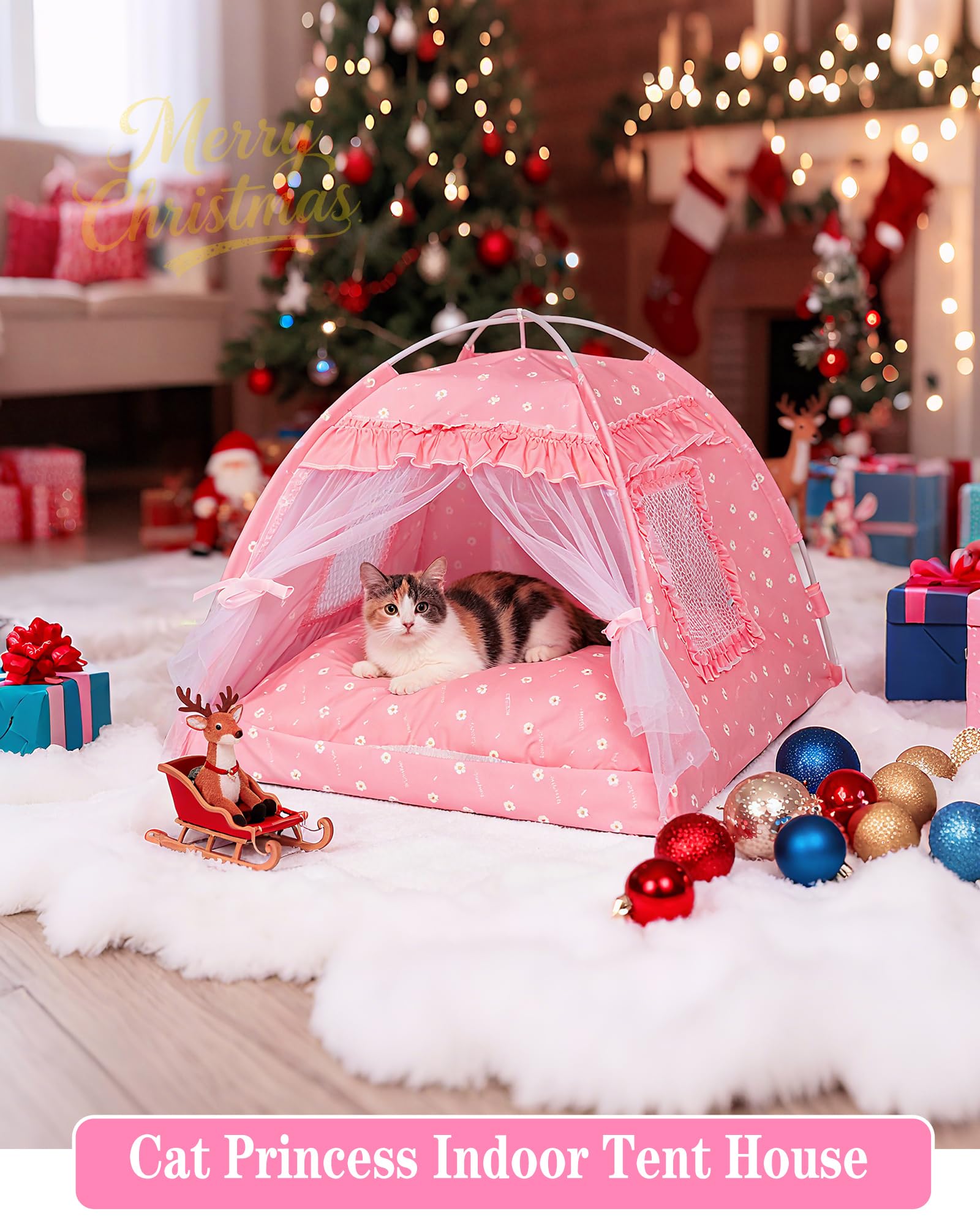 SEIMMIE Cat Princess Bed Tent pink canopy close-up highlighting decorative design.