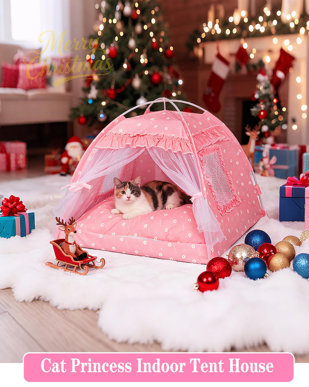SEIMMIE Cat Princess Bed Tent pink canopy close-up highlighting decorative design.