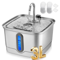 SEIRMEP stainless steel cat water fountain top view highlights 3L capacity for pet hydration.