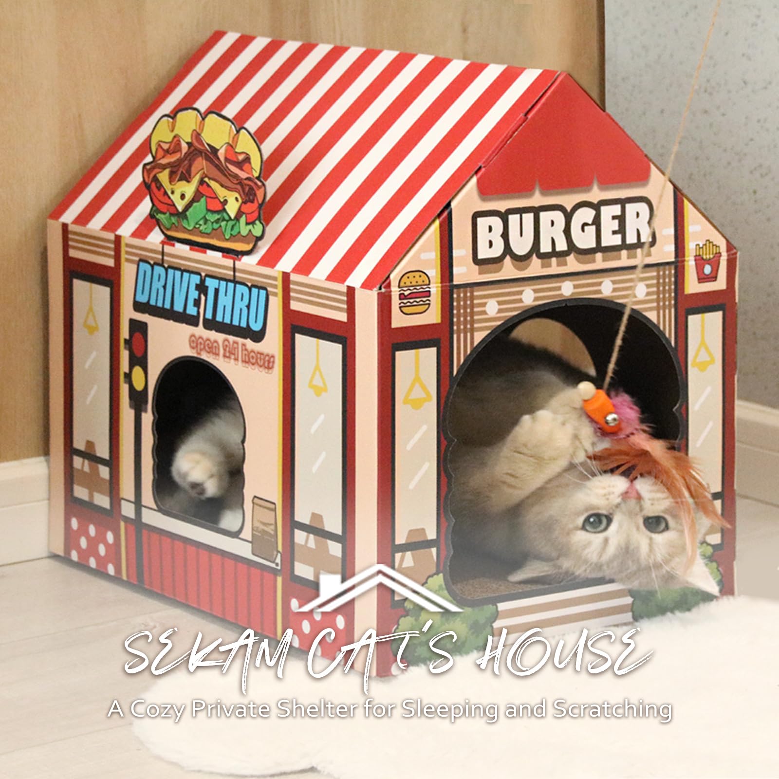 SEKAM cat house-scratcher board with built-in grooming surface.