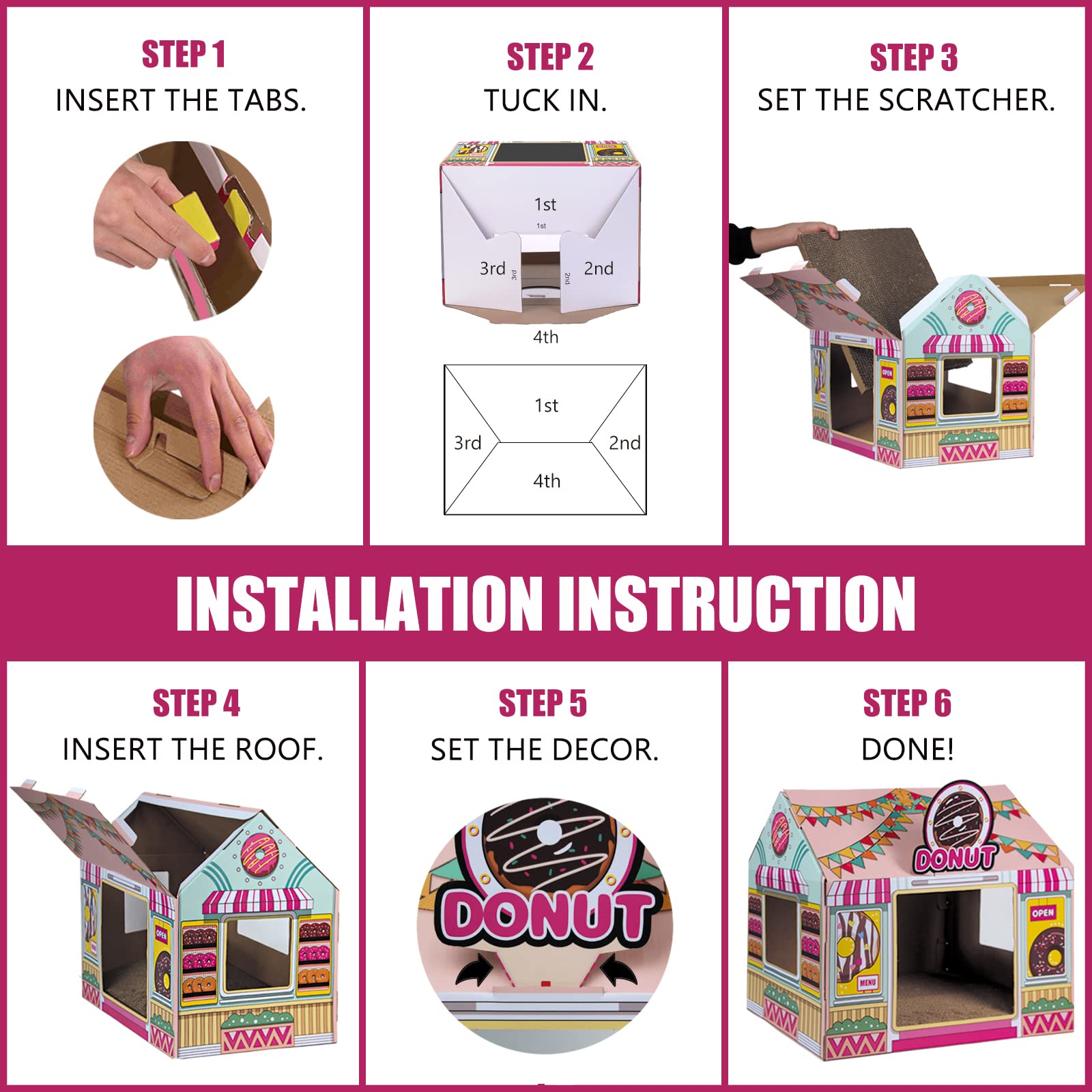 SEKAM Donut Shop Cat House assembly instructions, tool-free setup in minutes.