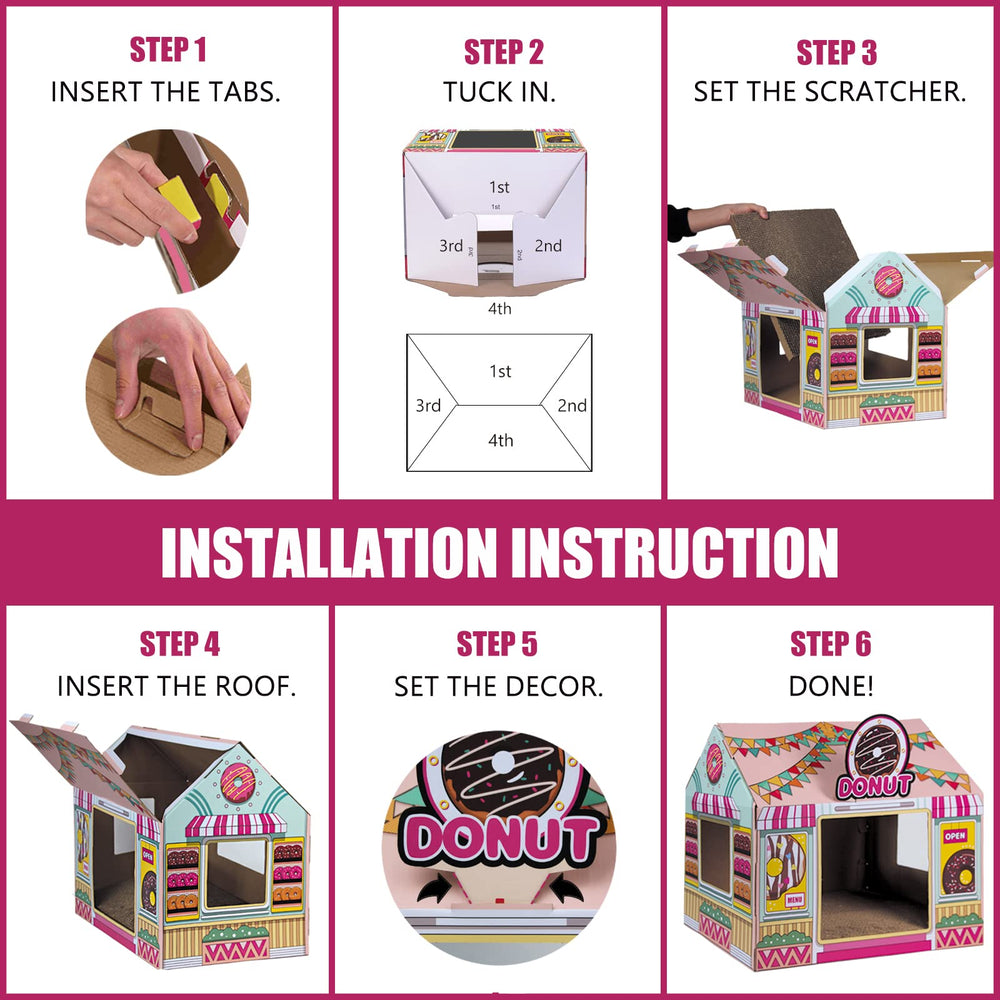 SEKAM Donut Shop Cat House assembly instructions, tool-free setup in minutes.