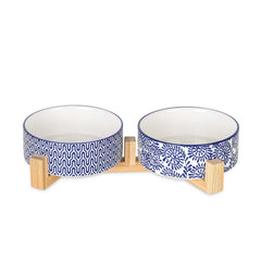 Selamica ceramic dog bowls with wooden stand for double feeding setup