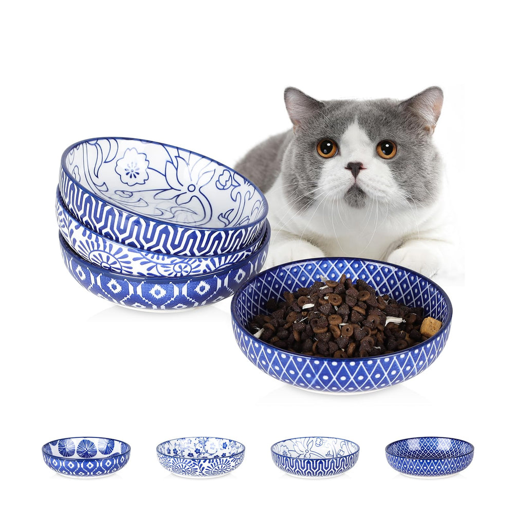 Selamica vintage blue cat bowls set shown as a four-pack for shared meals.