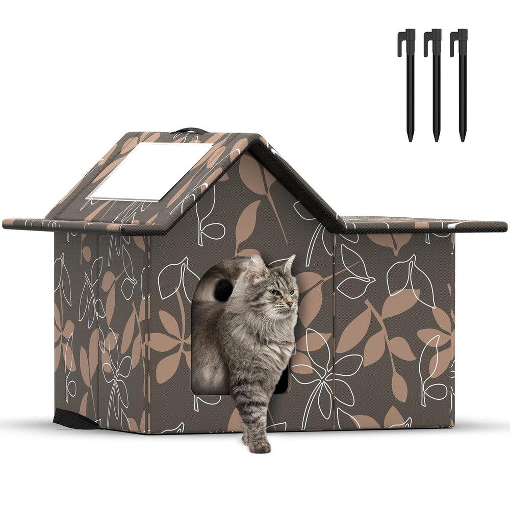 SELBATON Outdoor Cat House front view showing weatherproof shelter for outdoor cats seeking warmth