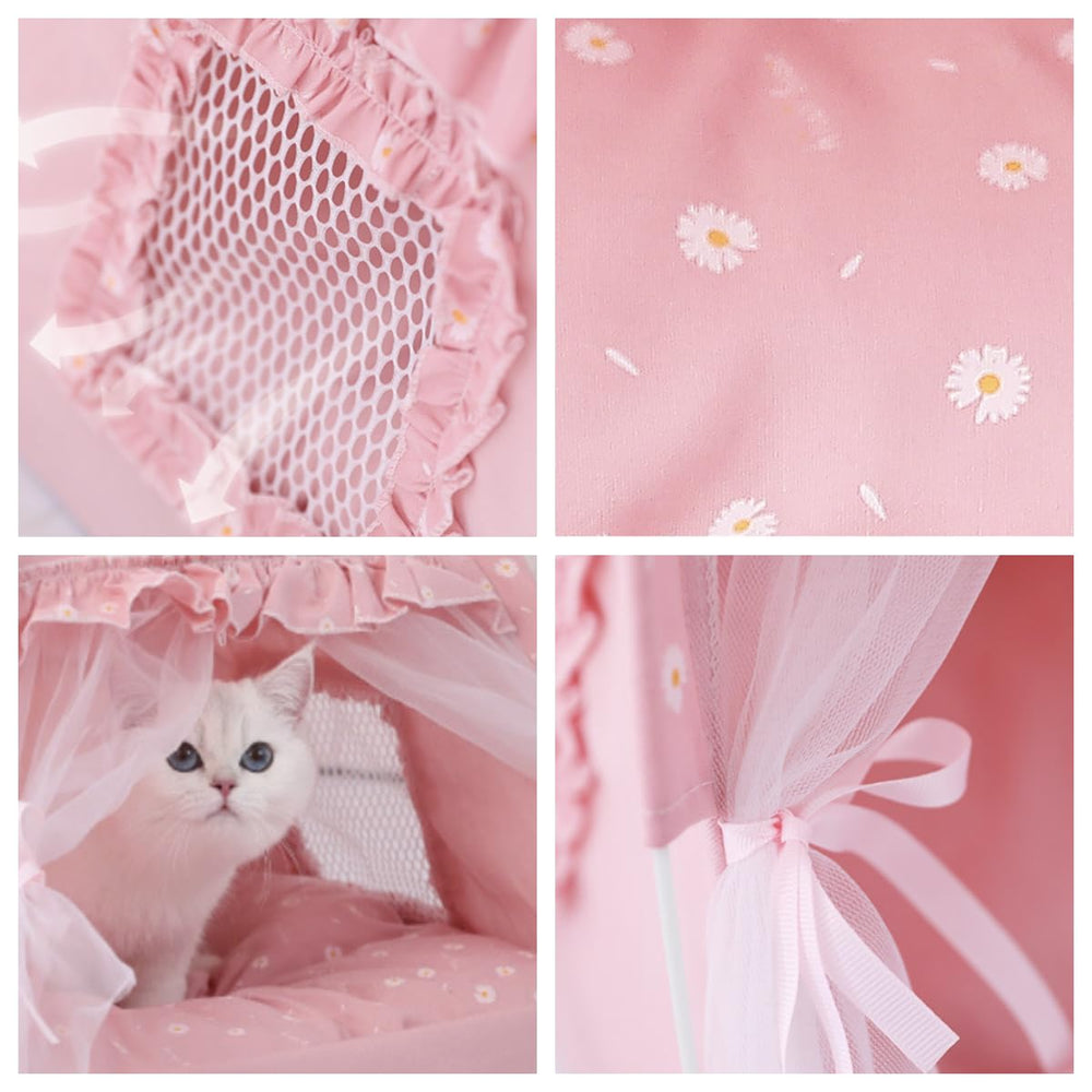 Selena cat bed tent pink mesh window detail showcases breathable design for relaxed naps