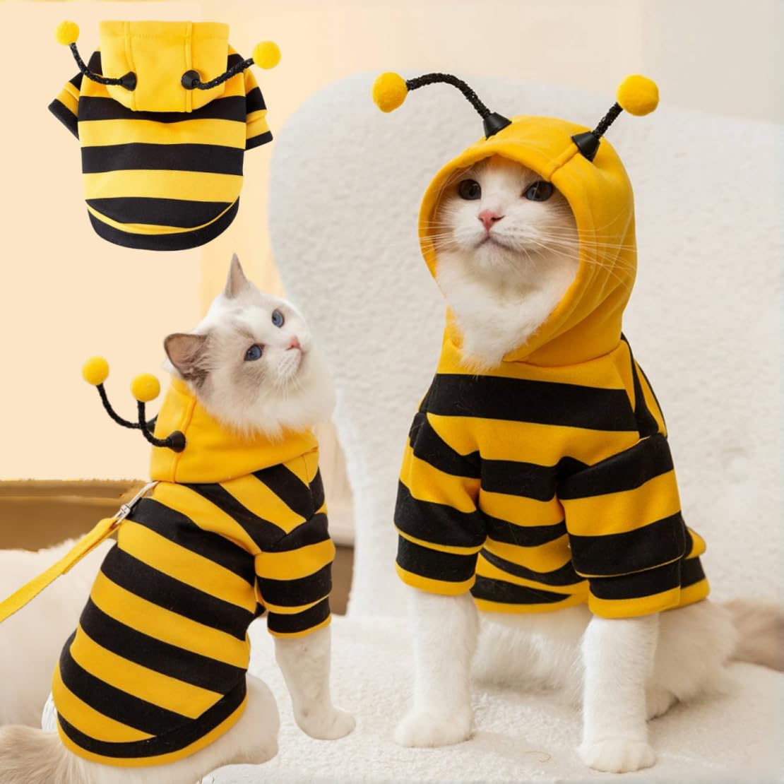 Selena cat bee-antennae hoodie back leash hook for safe outdoor walks