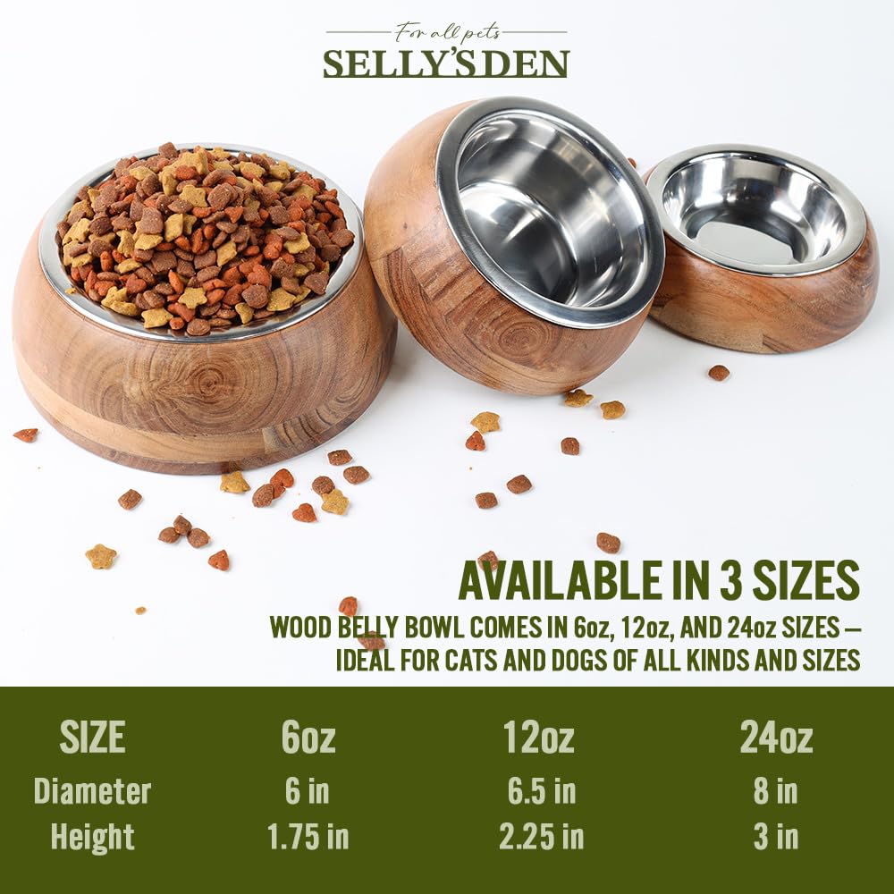 Selly’s Den wood belly bowl in use for pet food and water applications.