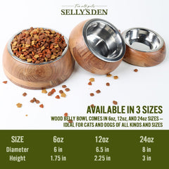 Selly’s Den wood belly bowl in use for pet food and water applications.