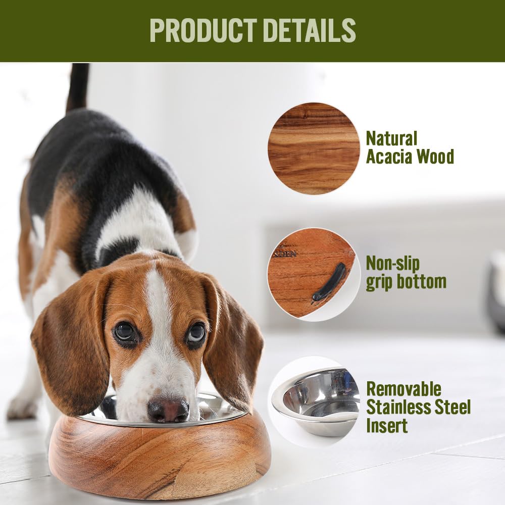 Selly’s Den wood belly bowl size guide illustrating pet-friendly options.