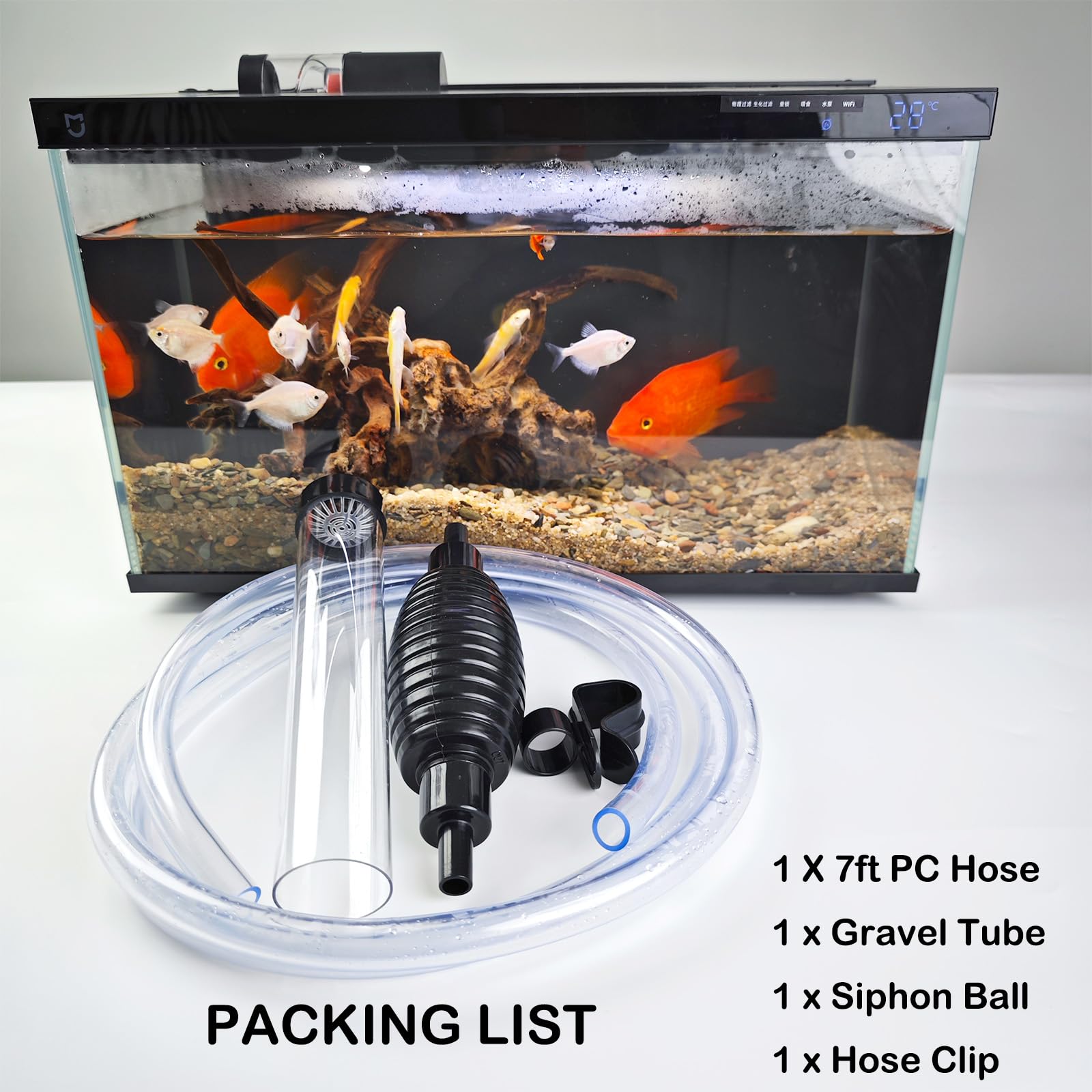 Seltomer fish-tank-cleaning-setup in use with clear tubing and safe design.