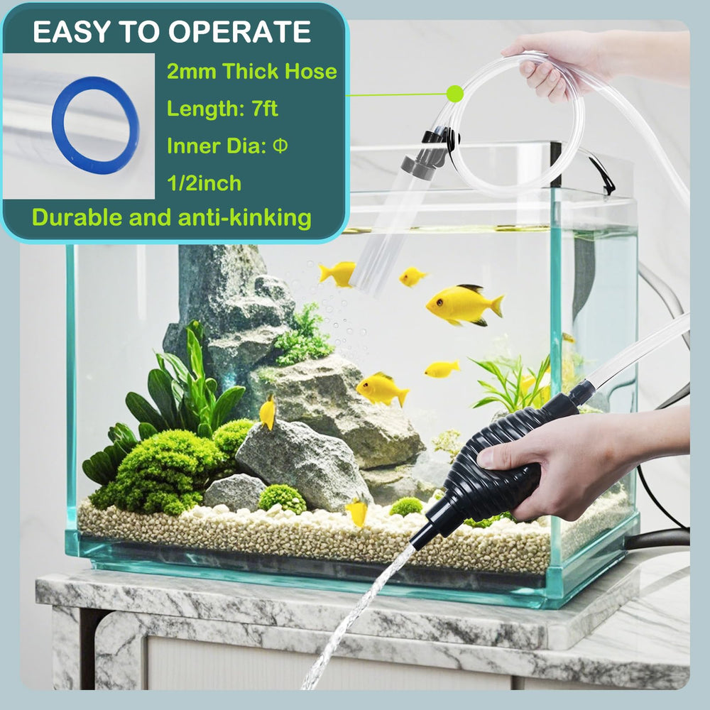 Seltomer gravel vacuum hand-pump operation showing simple squeezing action.