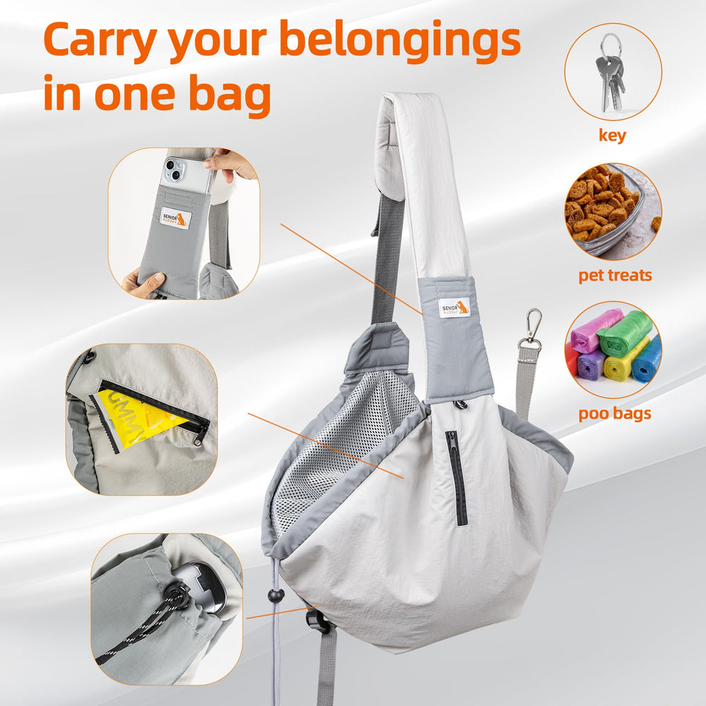 SENIOR BUDDAY dog carrier sling side zip for easy comfort during strolls.