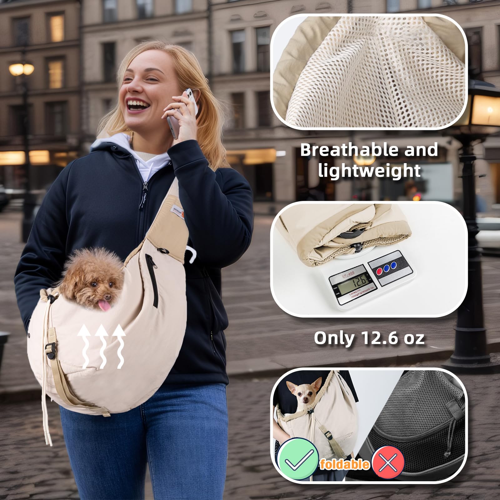 SENIOR BUDDAY dog carrier sling offers side zipper access for quick pet comforting