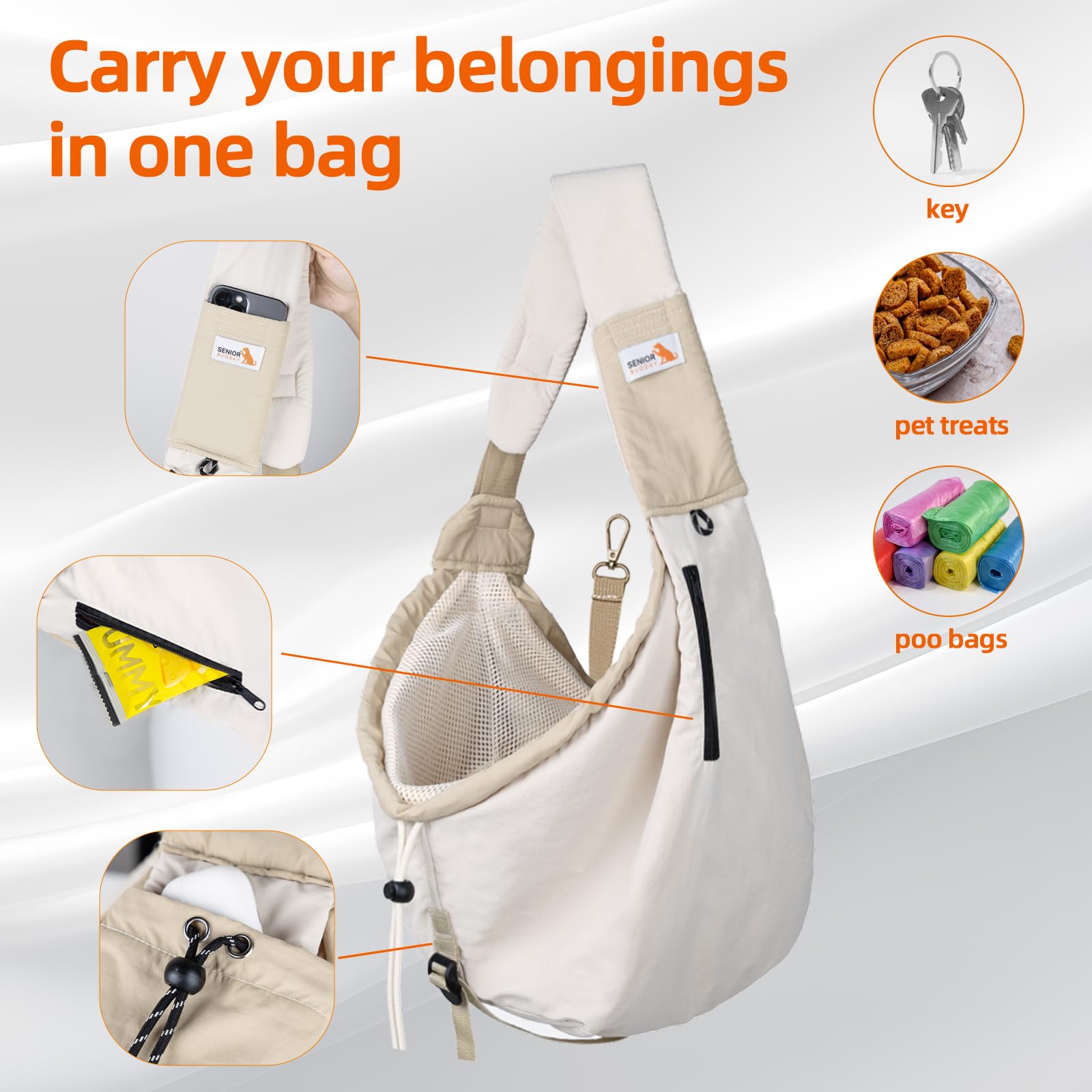 SENIOR BUDDAY dog carrier sling demonstrates wrap-around comfort keeping pets calm on adventures