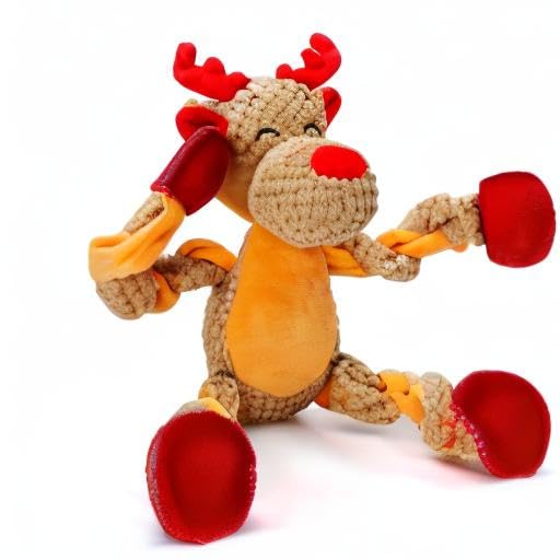 Senneny Christmas reindeer toy close-up reveals sturdy stitching for longevity.