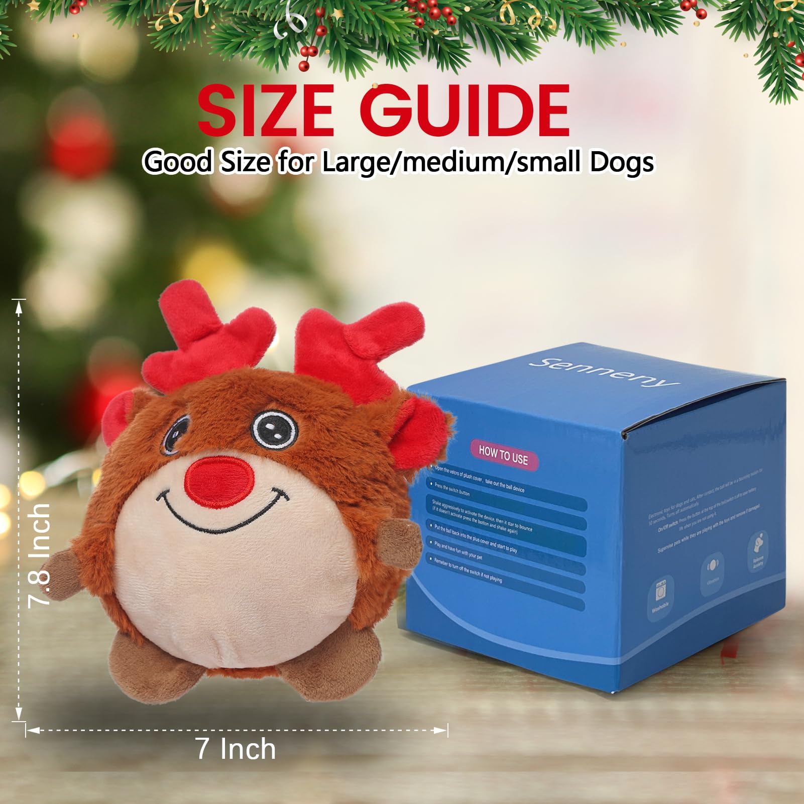 Senneny reindeer toy packaging includes ball cover and USB cable