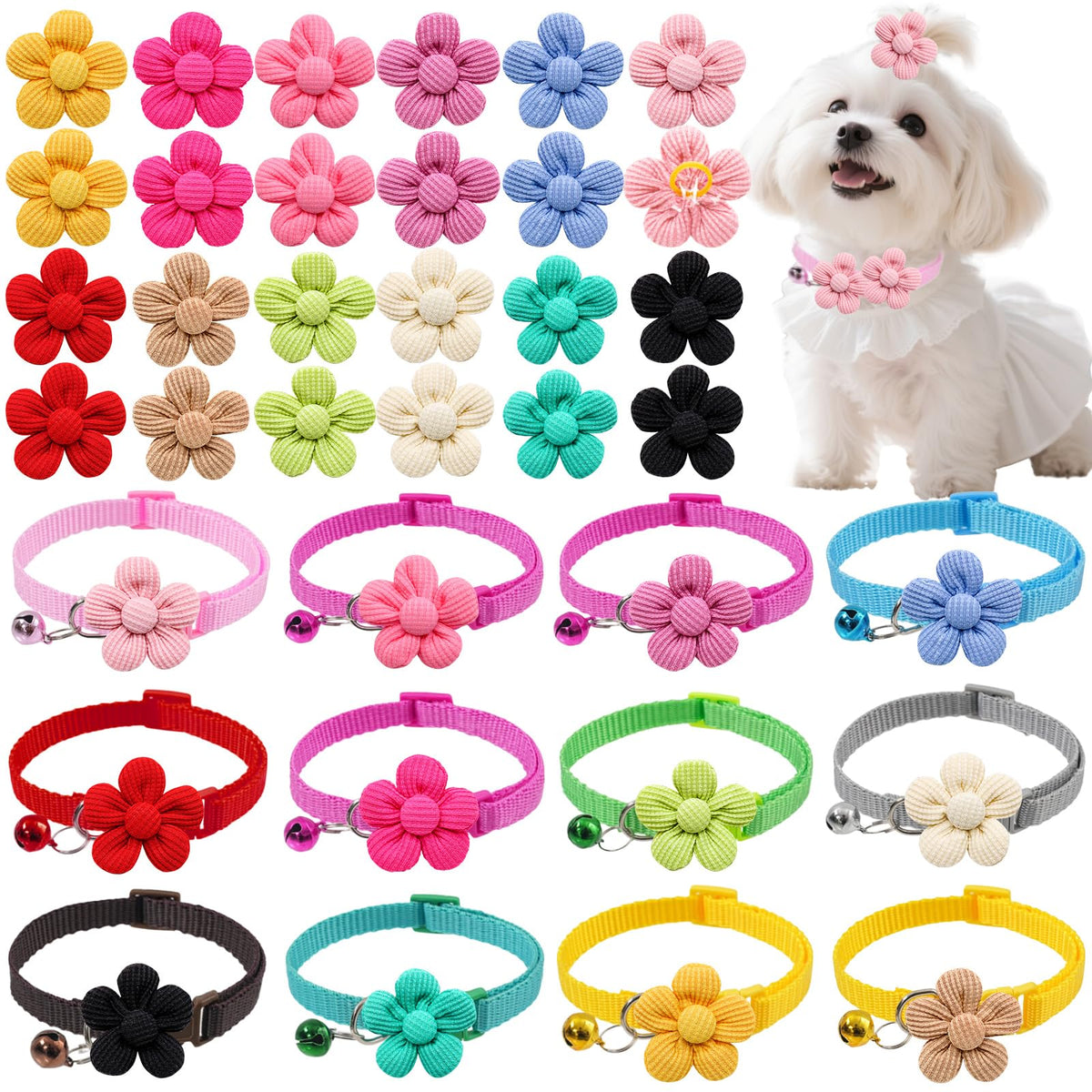 Senniea pink dog flower collar and bows for stylish daily wear.