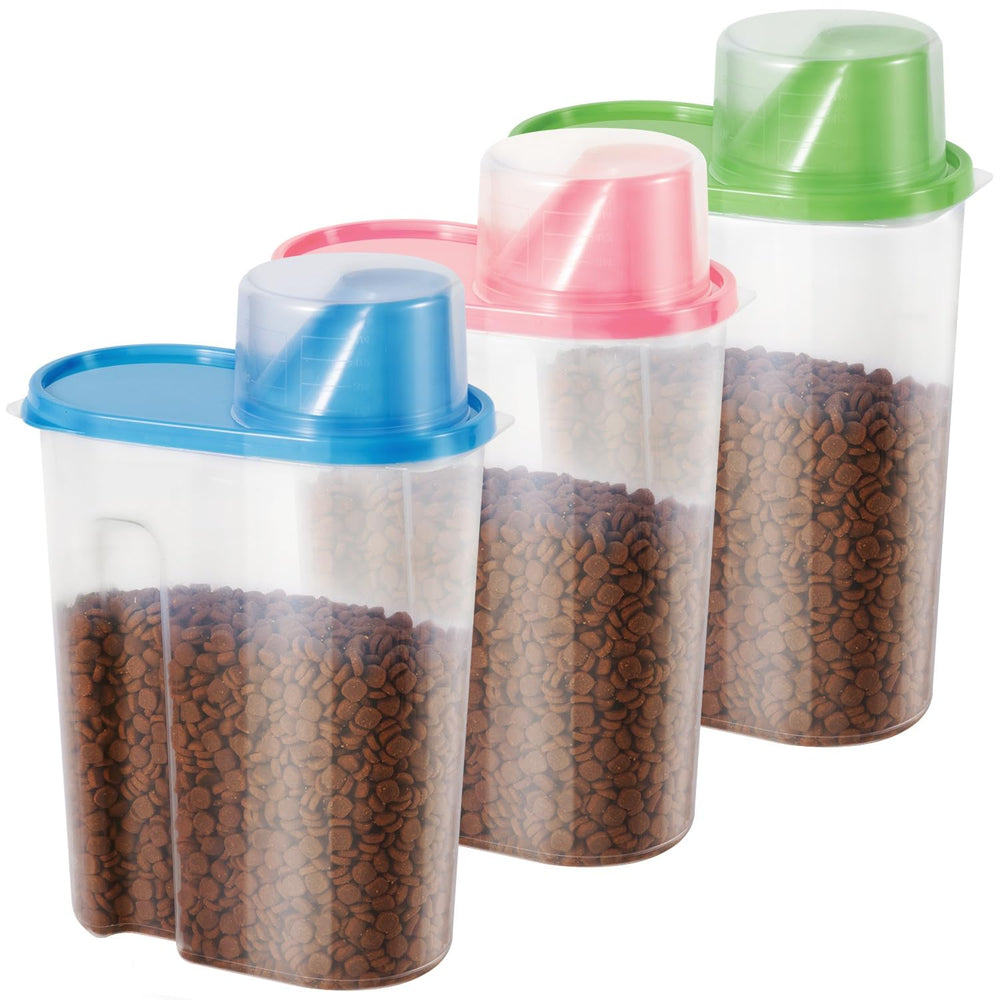SenseYo 3-pack pet food storage in blue pink green keeps kibble organized and accessible.
