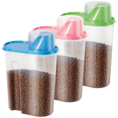 SenseYo 3-pack pet food storage in blue pink green keeps kibble organized and accessible.