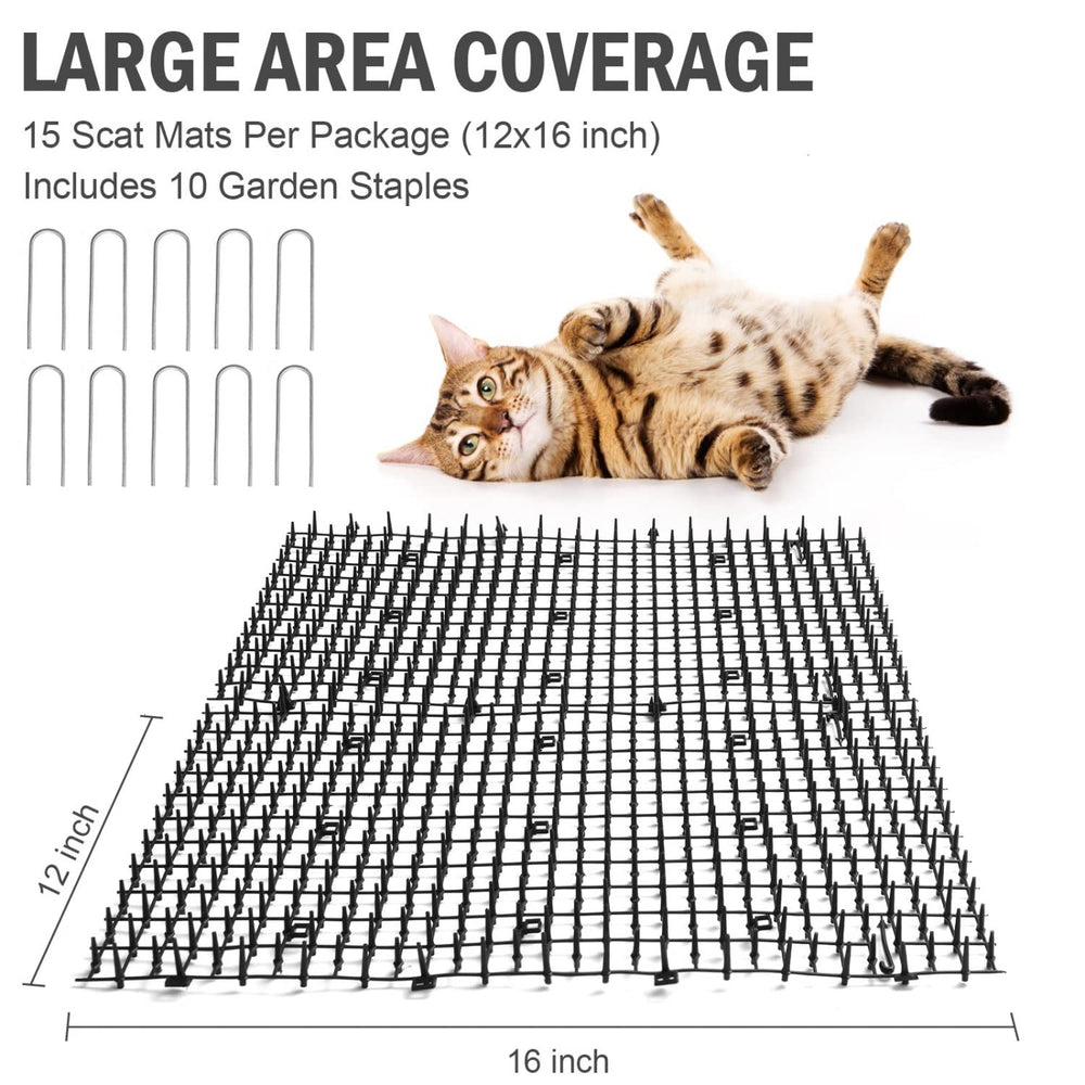 SenseYo Pomeat scat mat includes stakes for secure outdoor placement.