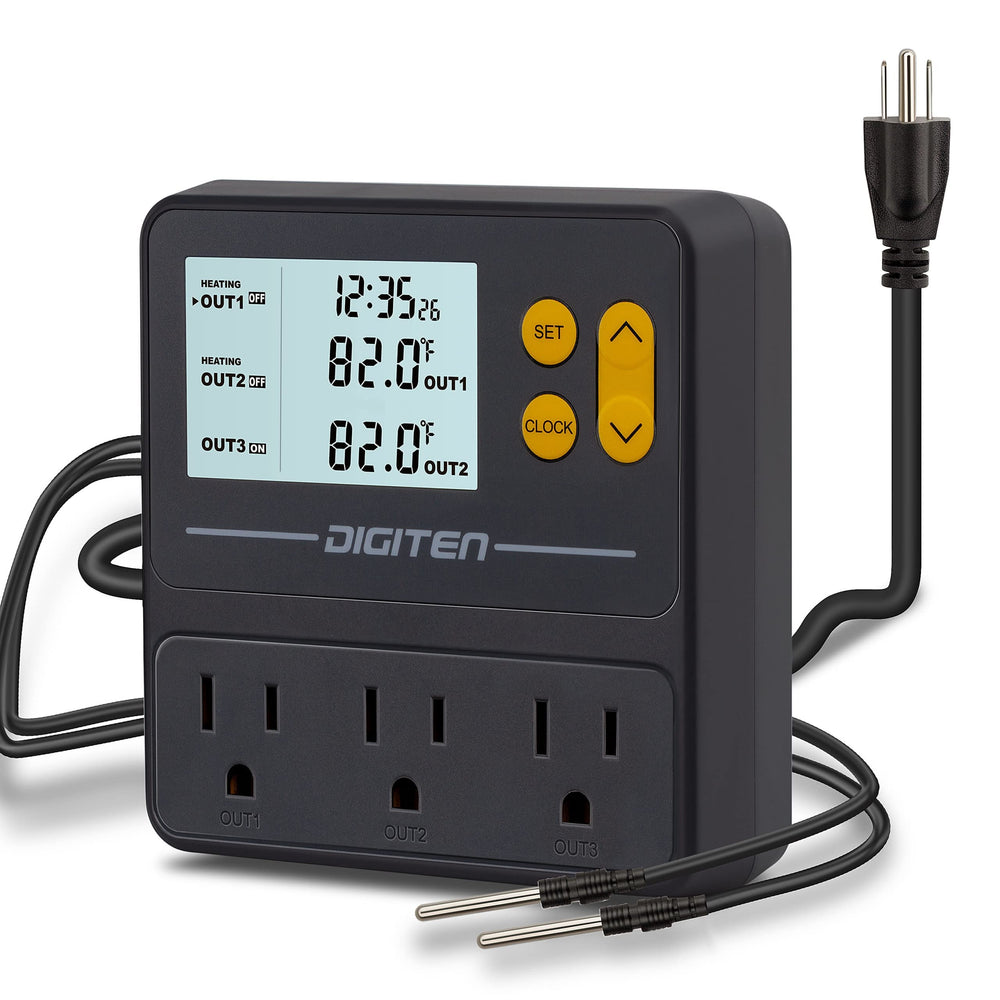 SENSTREE reptile thermostat front view with three outlets for independent zone control.