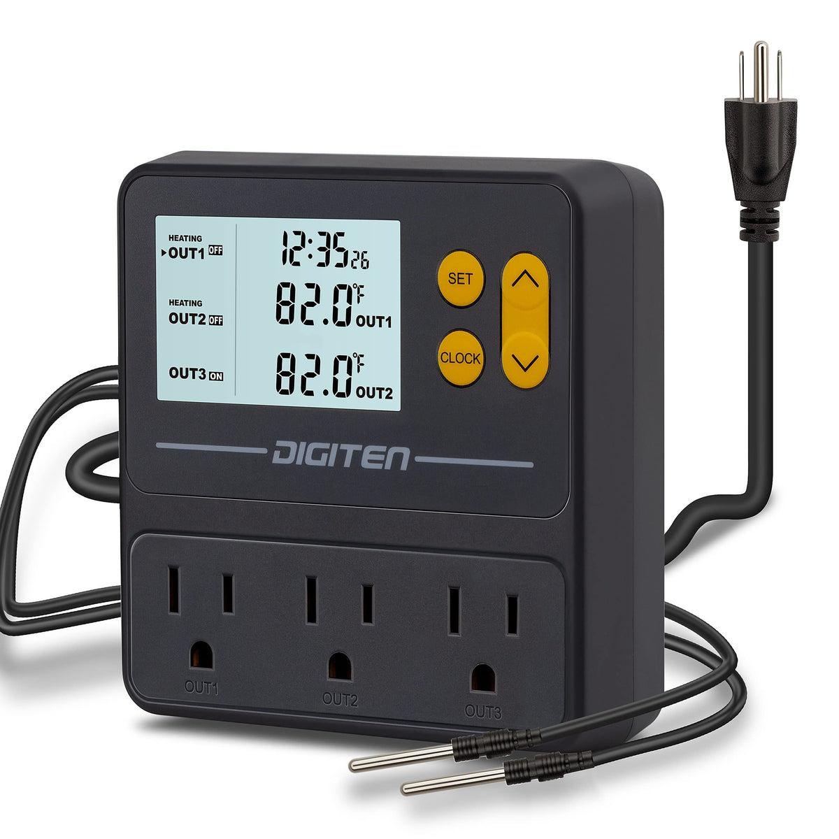 SENSTREE reptile thermostat front view with three outlets for independent zone control.