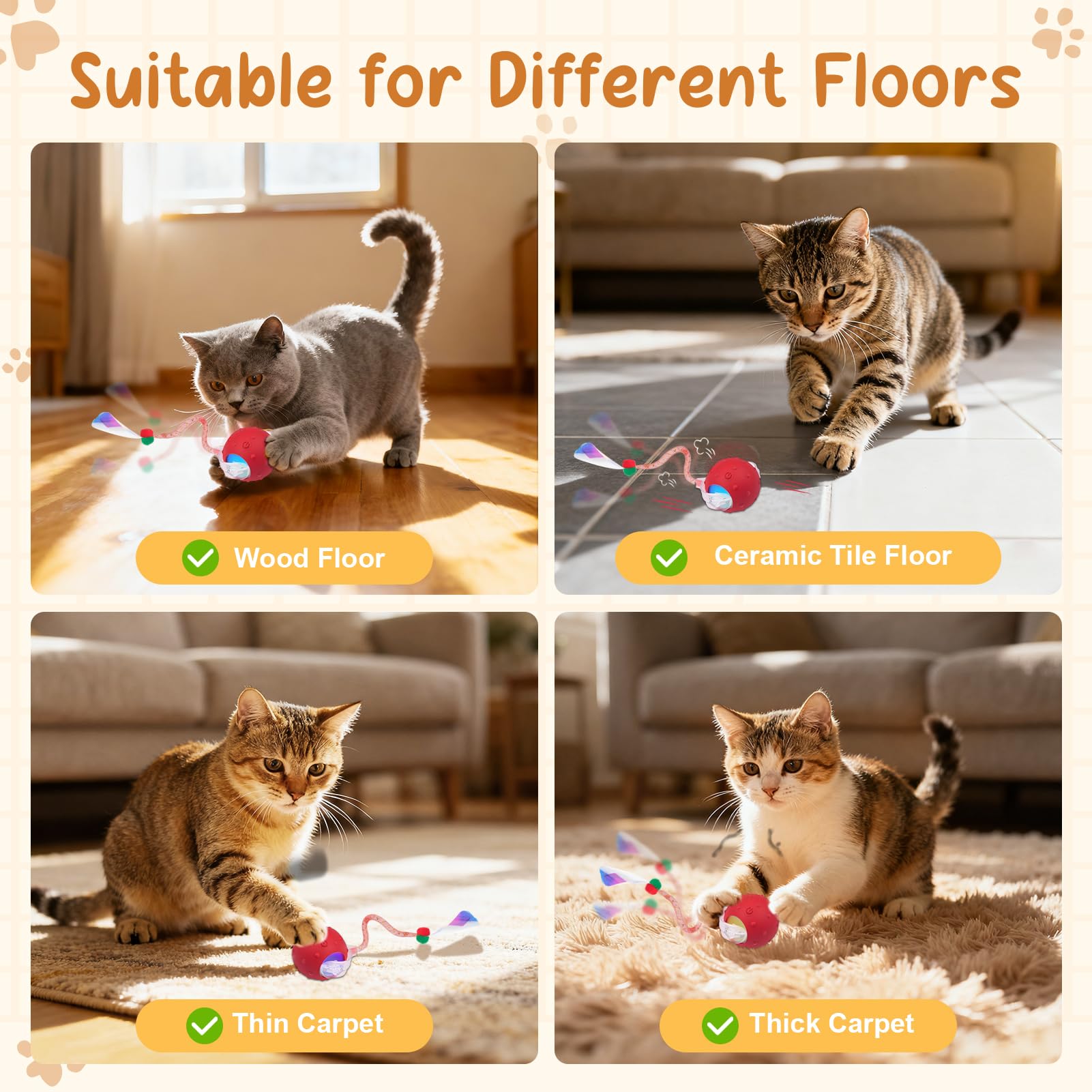 Sentoo interactive cat ball toy floor-play scene demonstrates versatility on multiple surfaces