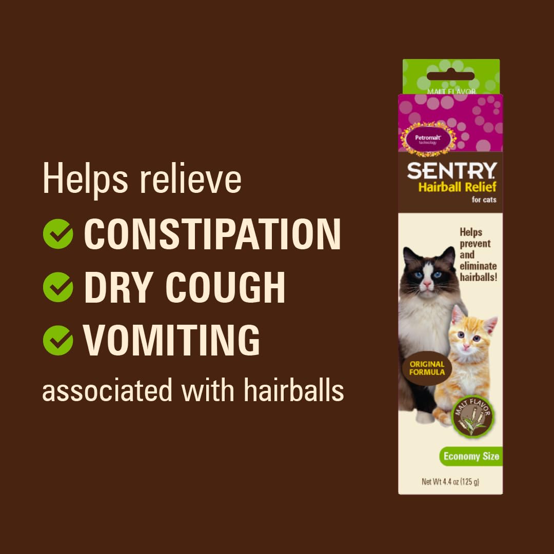 Sentry Hairball Relief bottle on counter highlights convenient cat care.