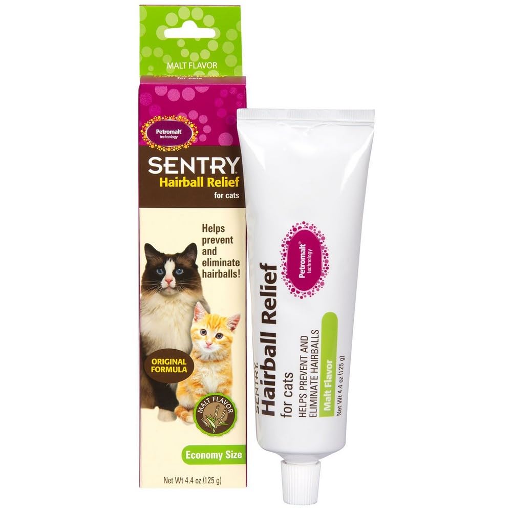 Sentry Hairball Relief packaging highlights malt flavor for cat hairball care.