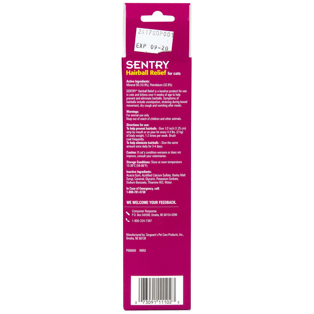 Sentry Hairball Relief serving reference with scoop image indicates dosing aid.