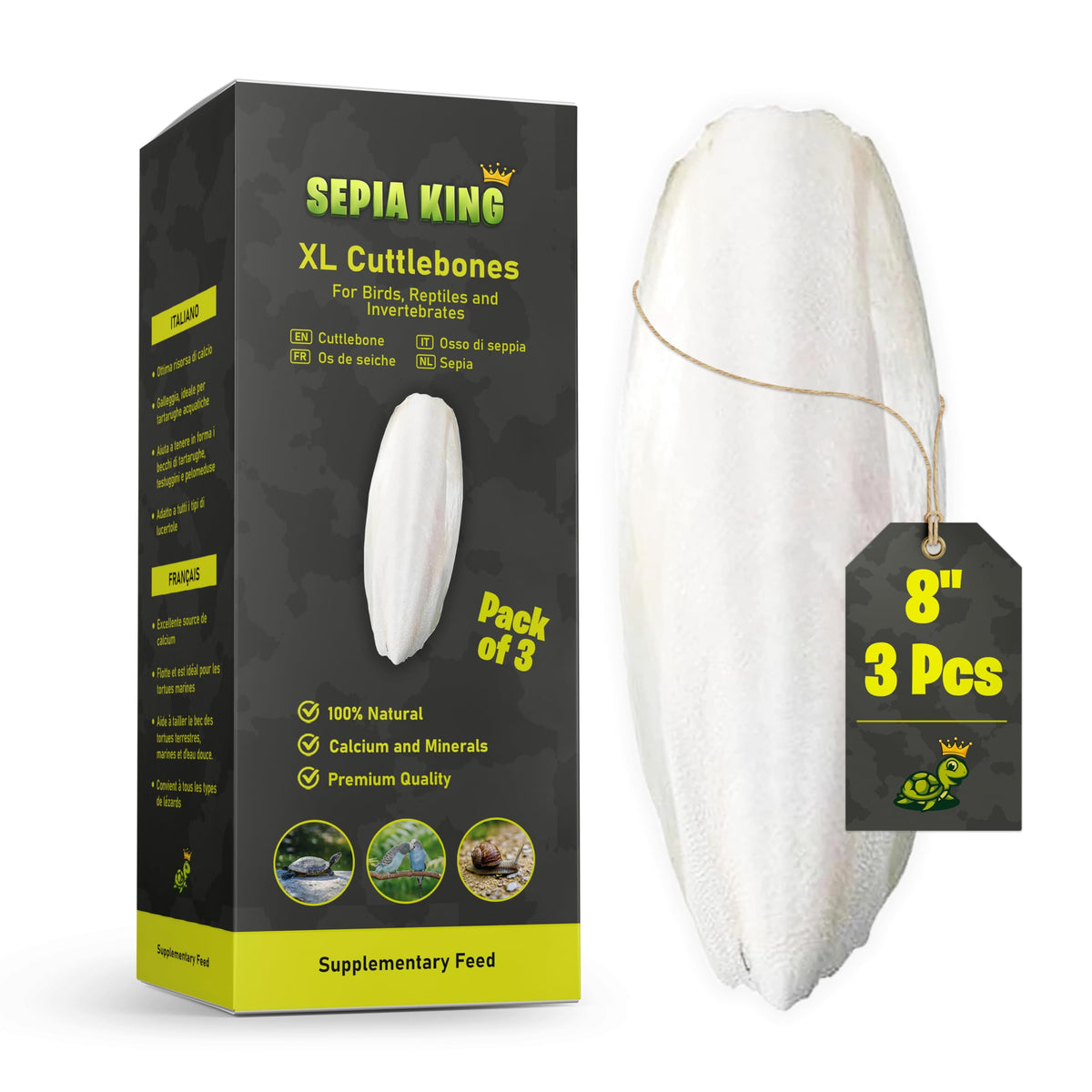 Sepia King extra large cuttlebone attached to a bird cage for natural calcium and beak maintenance.