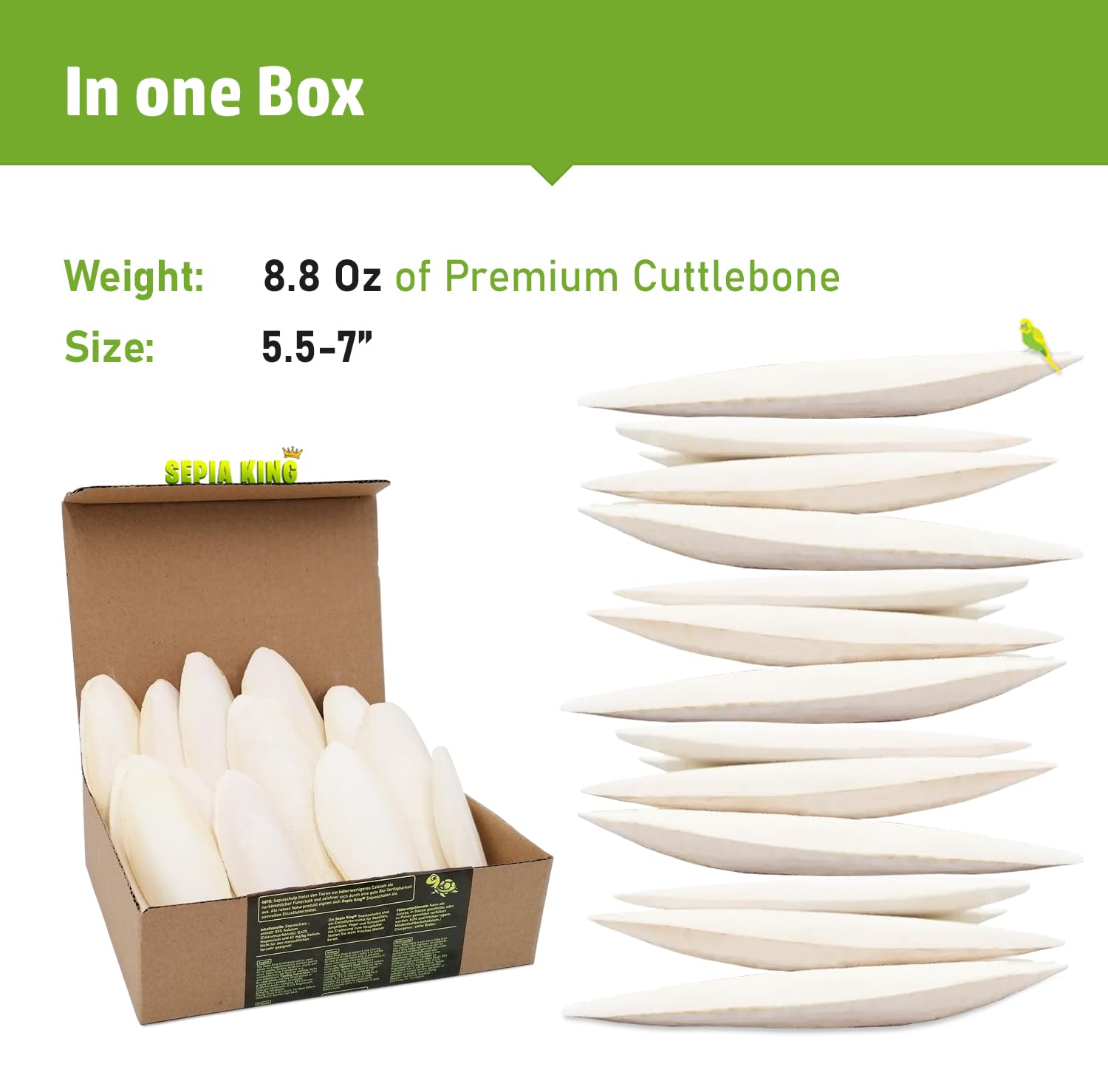 Sepia King cuttlebone provides natural calcium for strong bird bones.