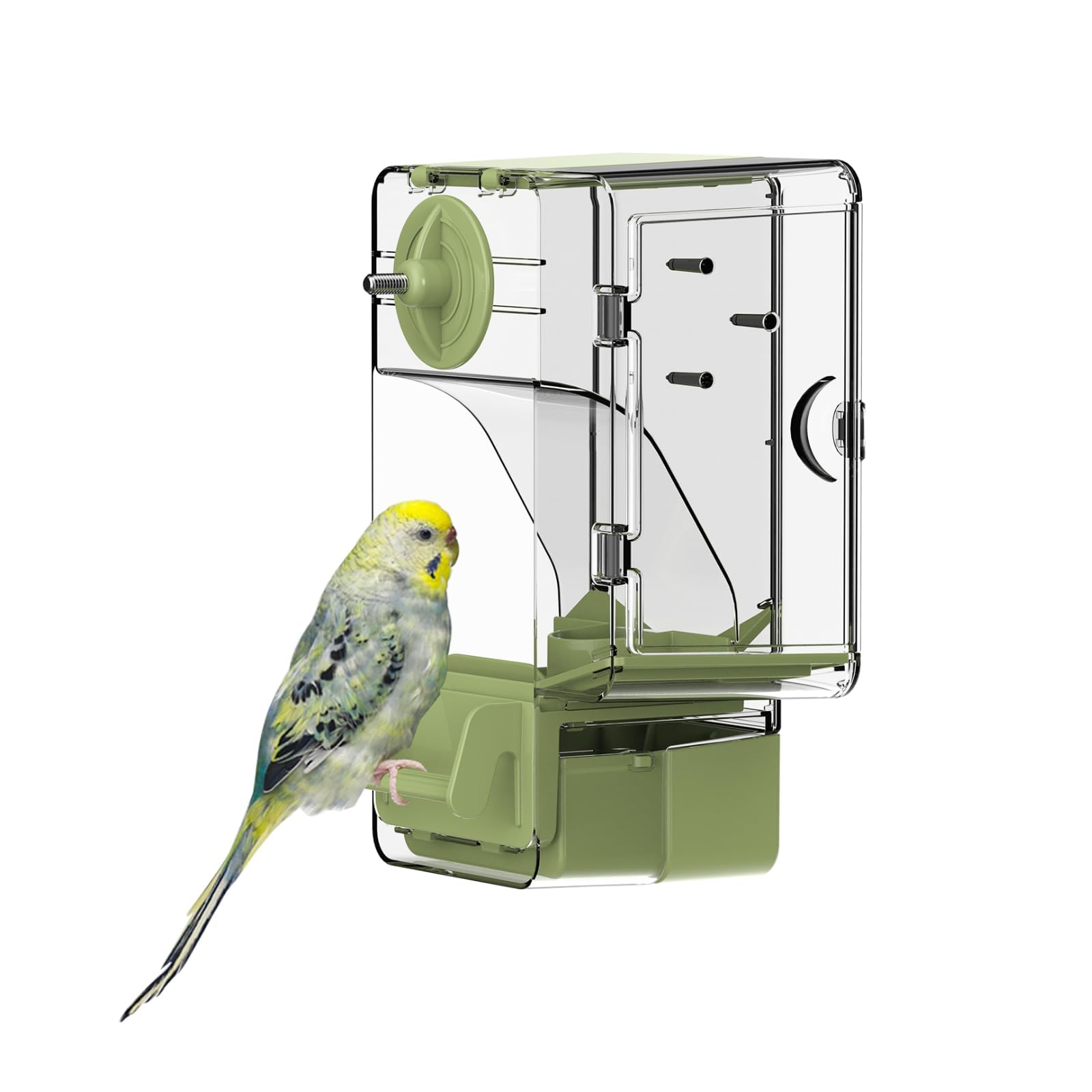 Septillar alimentador automático para pájaros con percha exterior, fácil de usar.