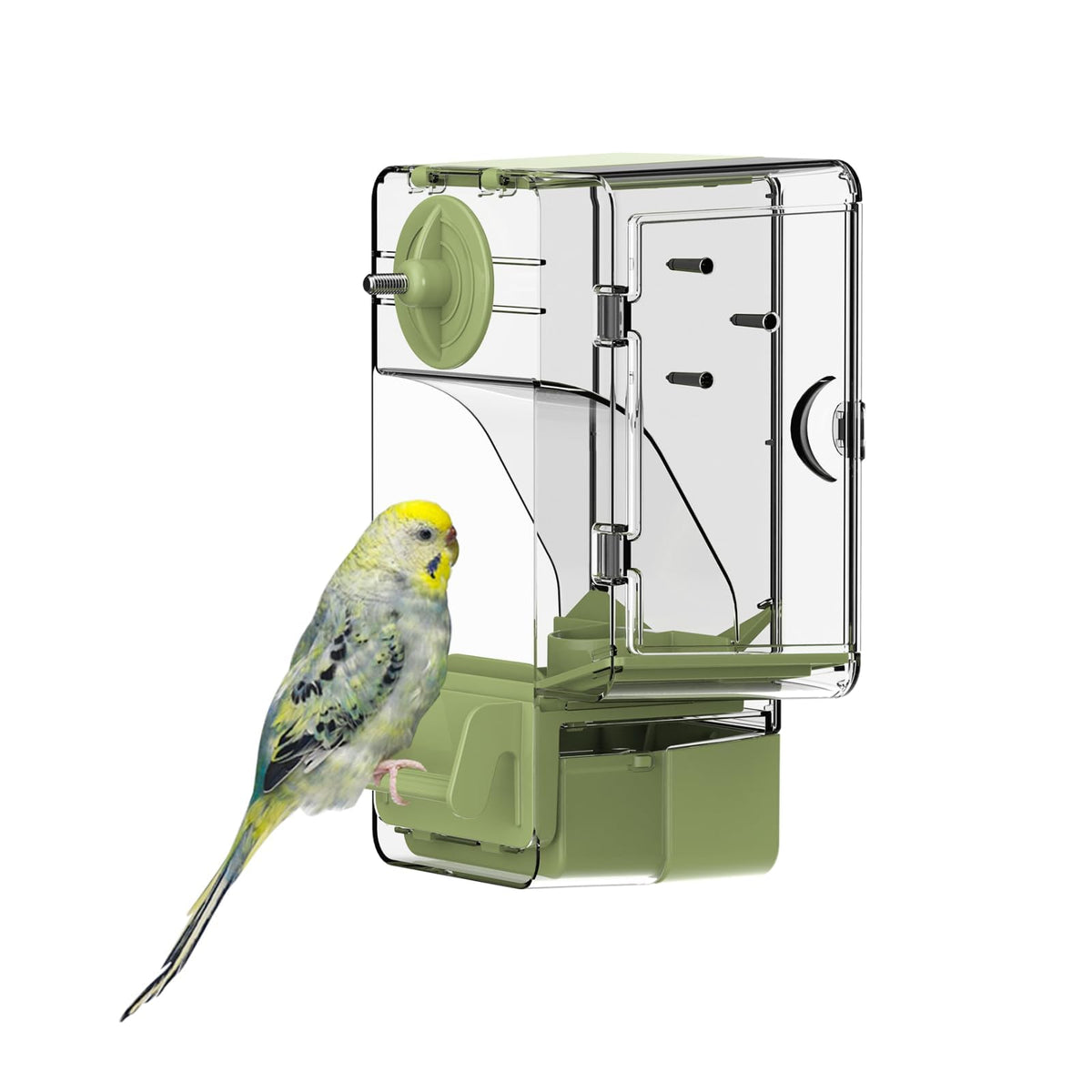 Septillar alimentador automático para pájaros con percha exterior, fácil de usar.