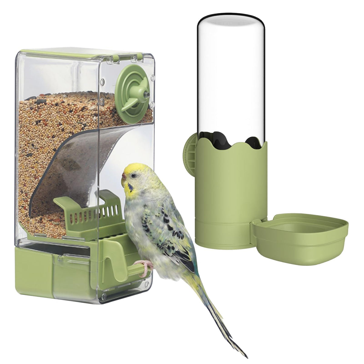 Septillar bird feeder water dispenser set on cage with external perch for mess-free feeding.
