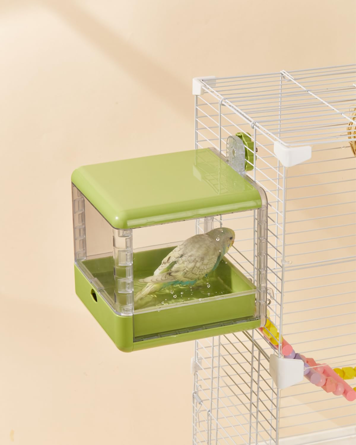 Septillar space-saving bird setup blends feeding and bathing in one unit