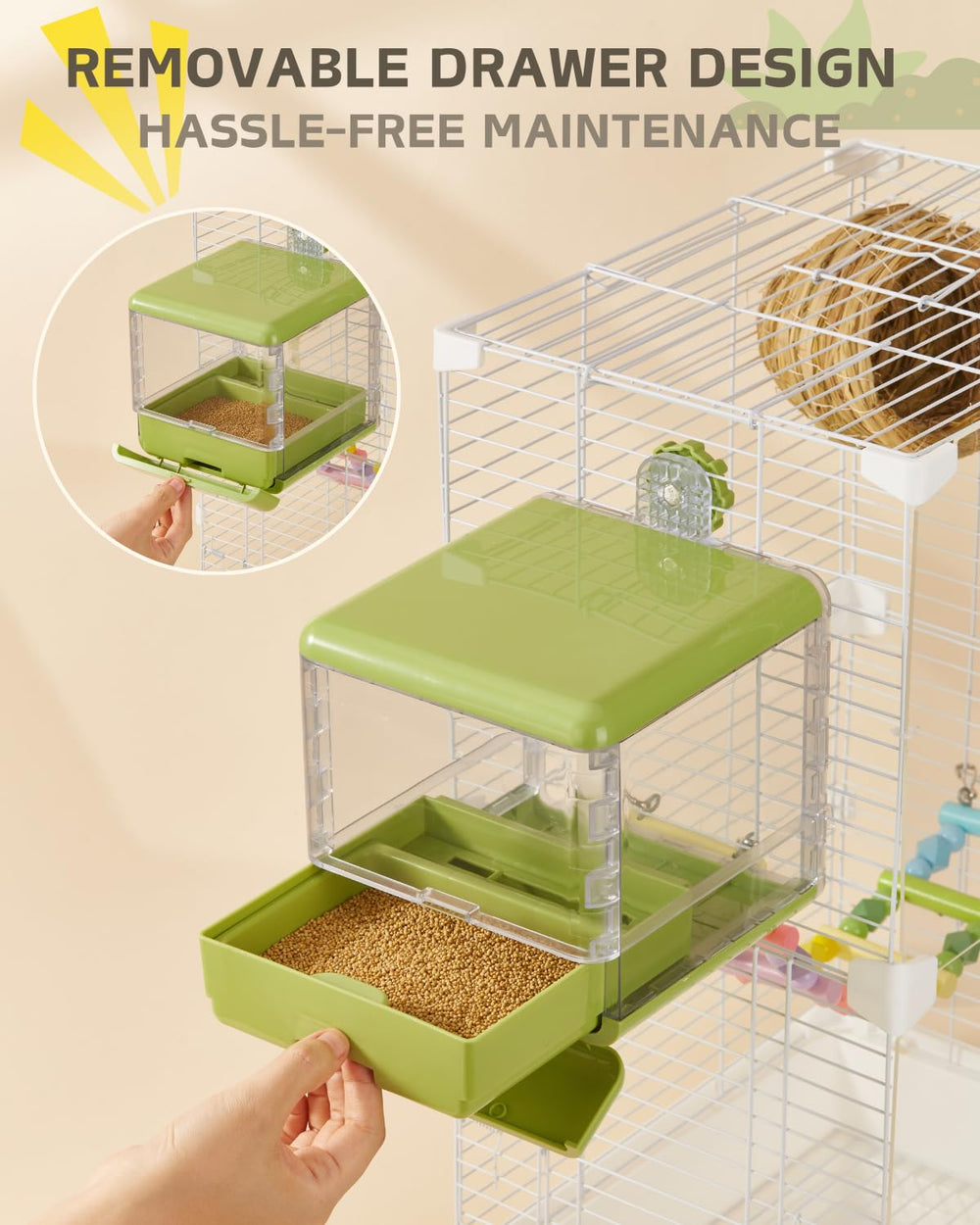 Septillar transparent bath design provides visibility while bathing birds