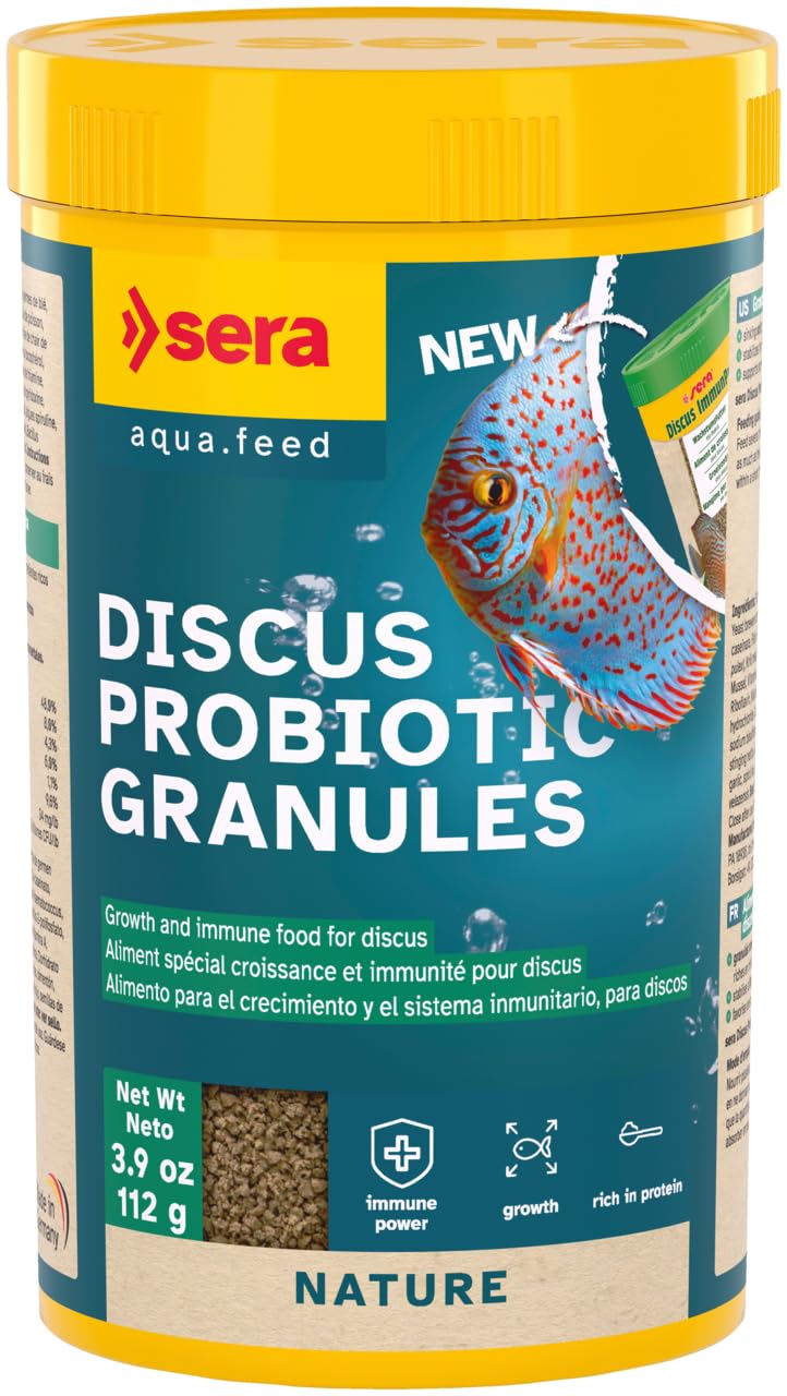 Sera Discus Prob Granules packaging showcases probiotic formula for healthier digestion.