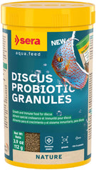 Sera Discus Prob Granules packaging showcases probiotic formula for healthier digestion.