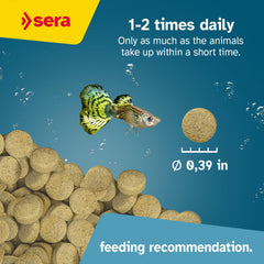 Adhesive application of Sera O-Nip Nature tabs on aquarium glass.