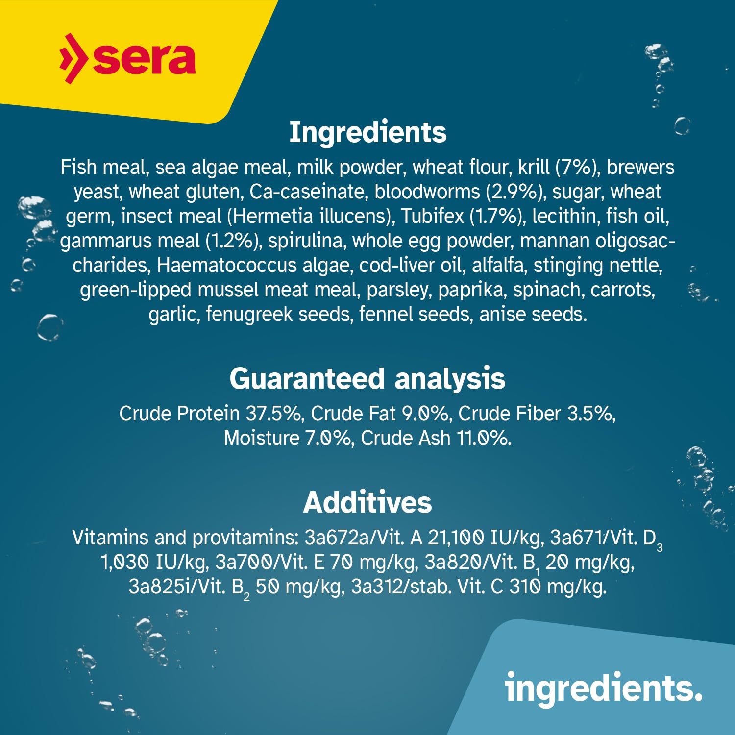 Natural diet mix of krill, tubifex, and bloodworms in Sera O-Nip Nature.