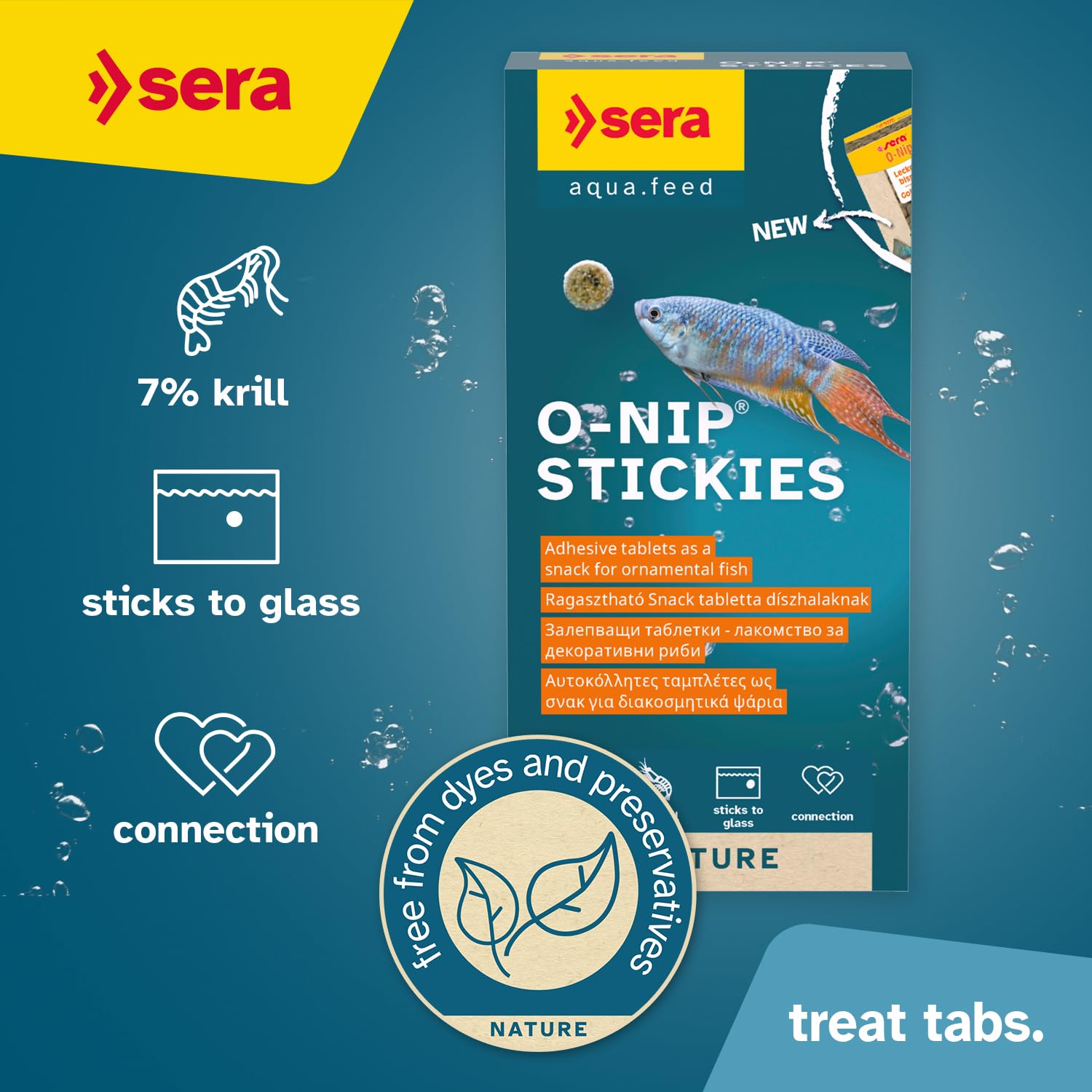 Close-up of Sera O-Nip Nature tabs ready to stick to glass.