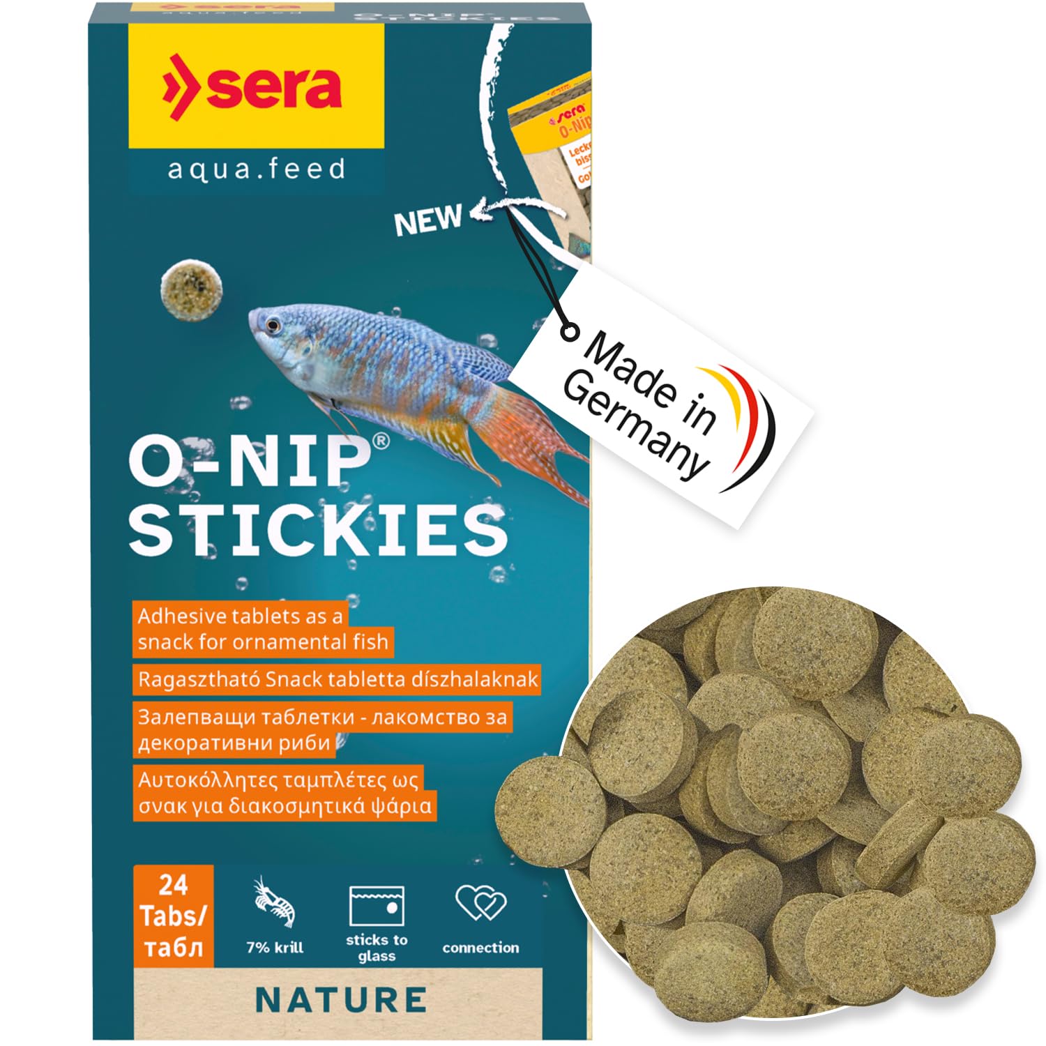 Sera O-Nip Nature tabs pack ready for easy aquarium feeding.