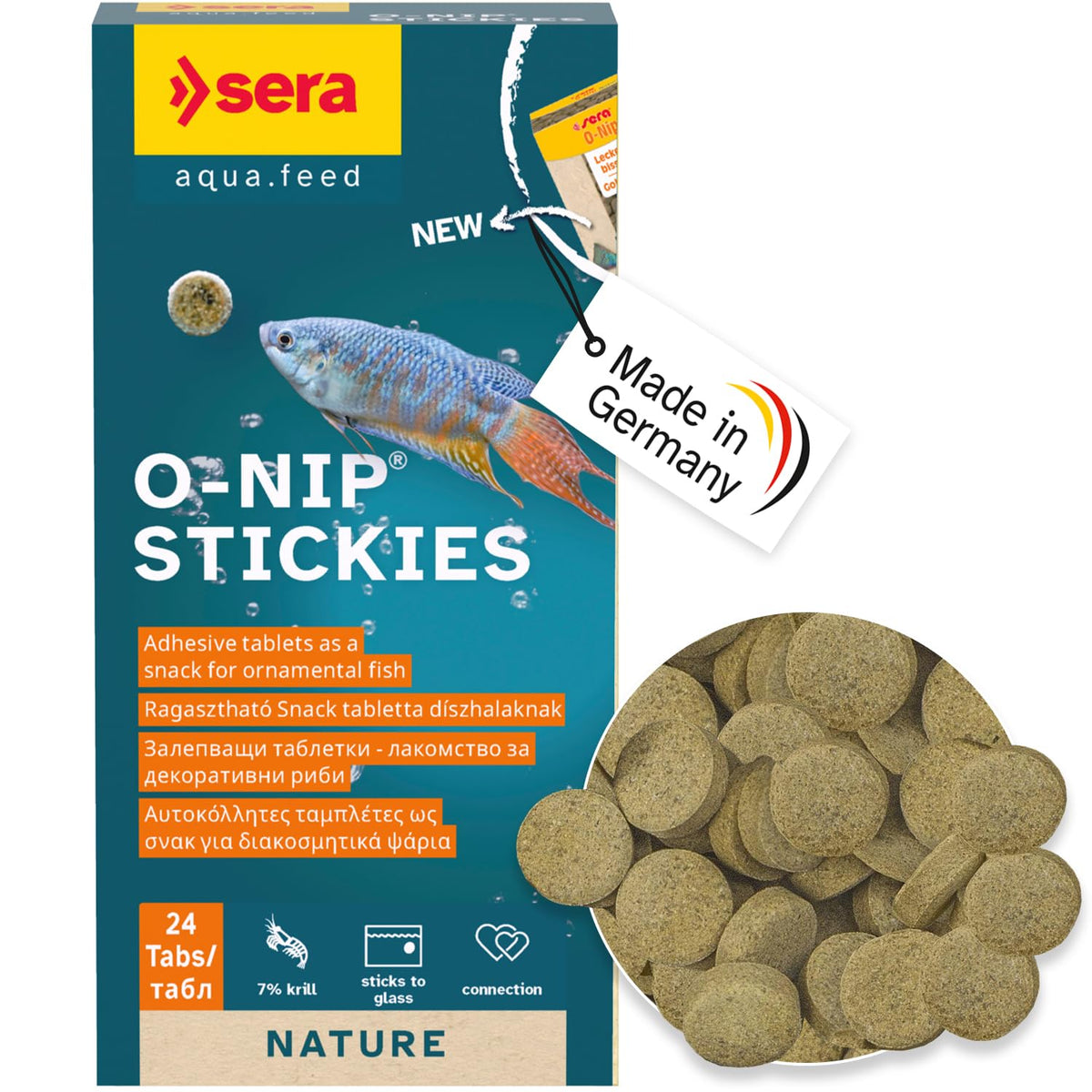 Sera O-Nip Nature tabs pack ready for easy aquarium feeding.