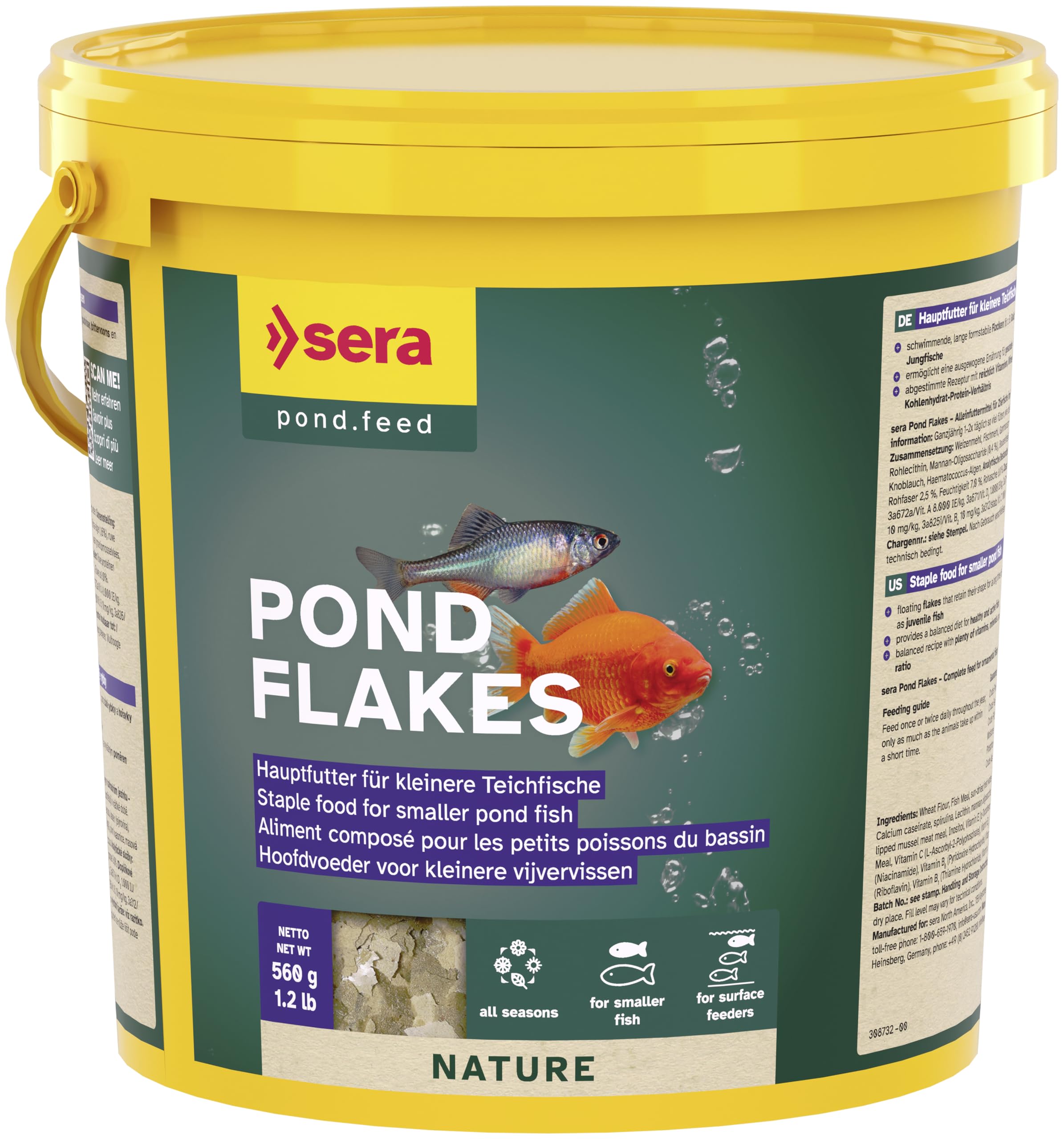 Sera pond flakes bottle side view for convenient year-round pond feeding.