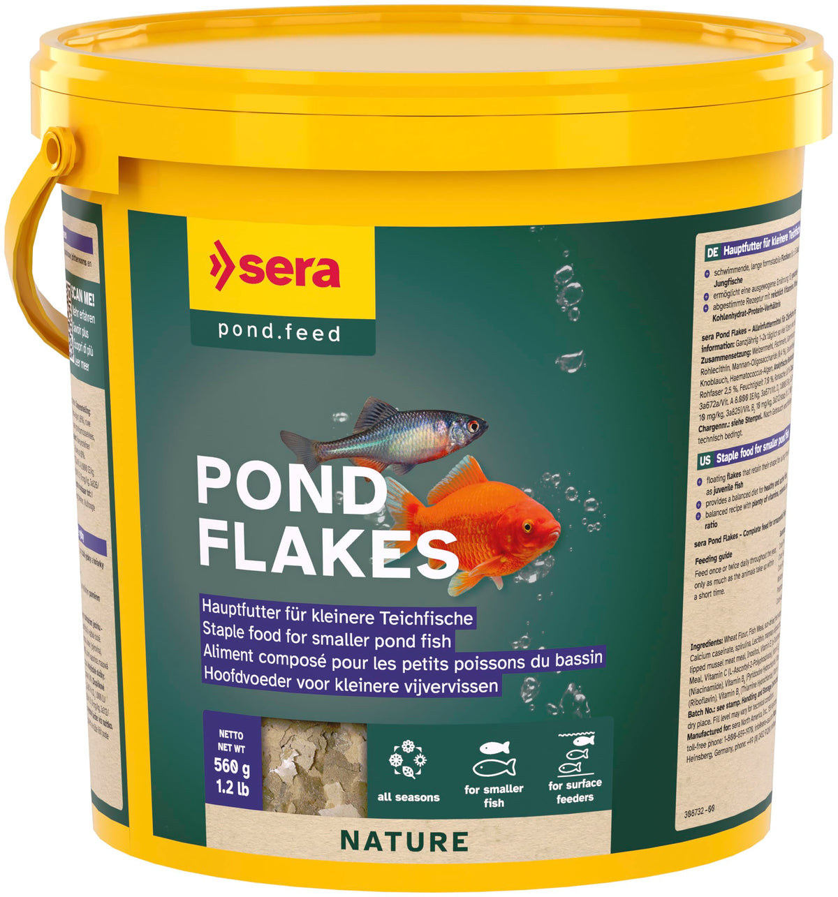 Sera pond flakes bottle side view for convenient year-round pond feeding.
