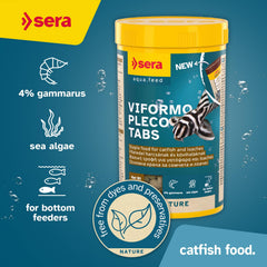Sera Viformo Nature catfish food tablets closeup shows sinking form for bottom-feeder nutrition.