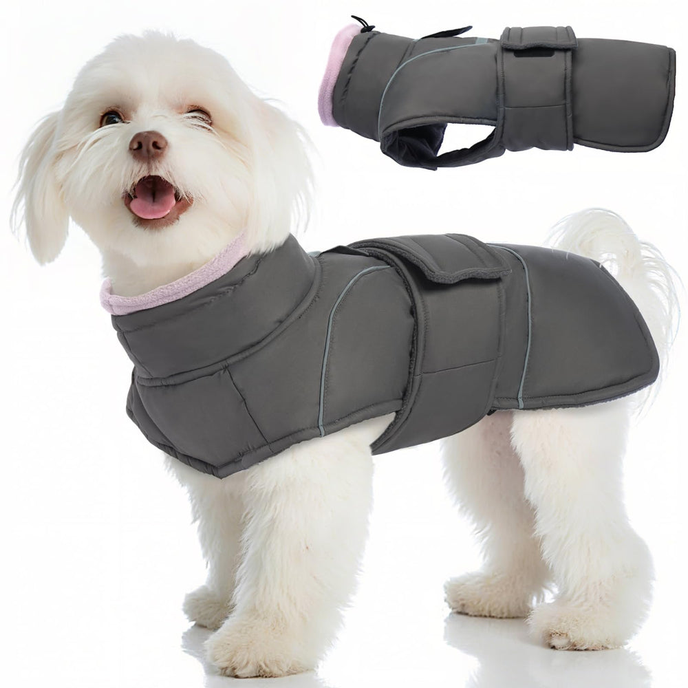 SeranPup gray dog coat back leash hole enables easy leash access during walks.