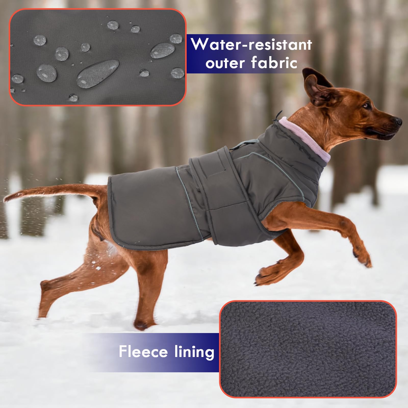 SeranPup gray dog coat fleece lining closeup emphasizes soft warmth inside.